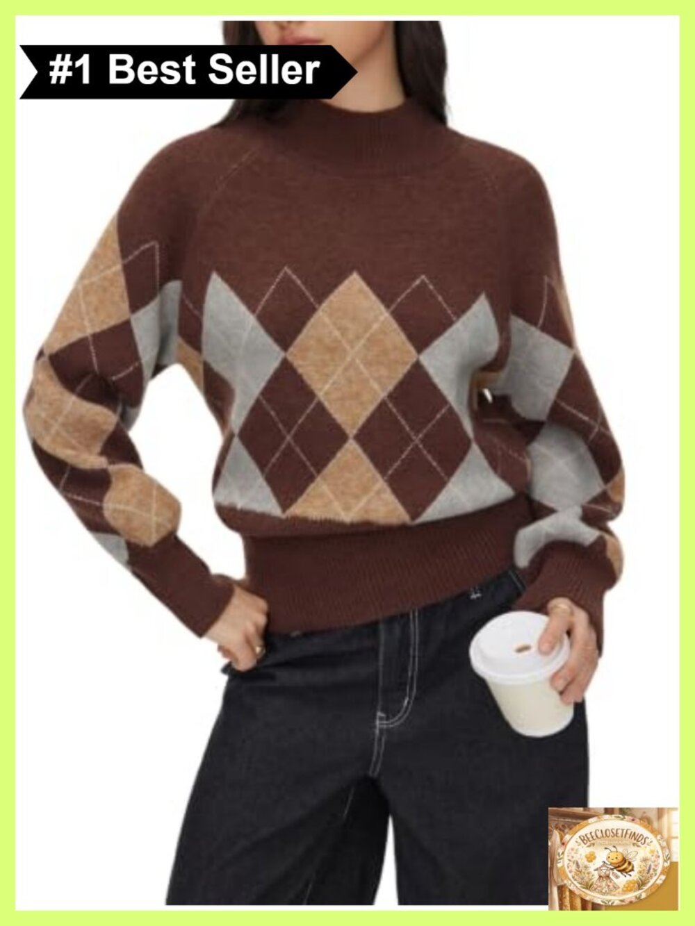 Women's Mock Neck Argyle Knitted Pullover Sweater Lantern Sleeves